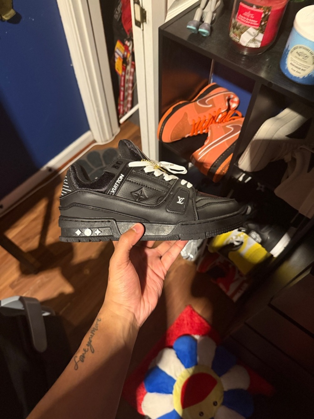 Louis Vuitton Black Leather Low-Top Sneakers with White Laces